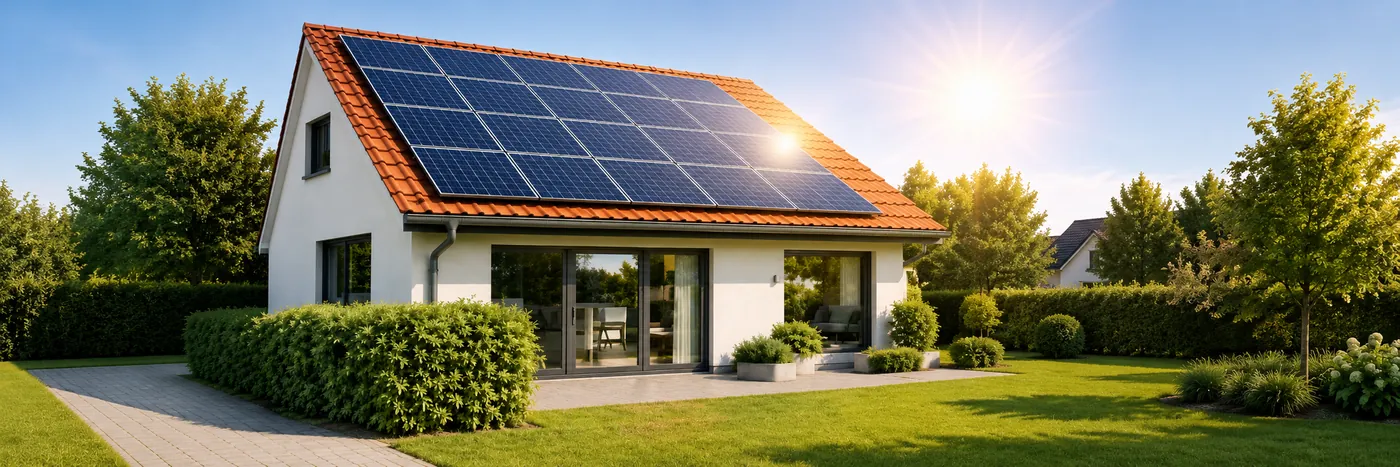 Villa med solceller på taget i grøn have